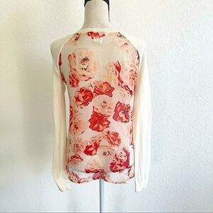 BCBGENERATION Red Off White Roses Posey Sweater Cotton Blend Scoop Neck XXS